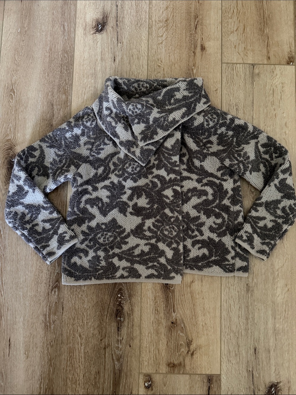 Chico's | Brown/Cream Floral Jacquard | Open Front Funnel Neck Sweater | size 1